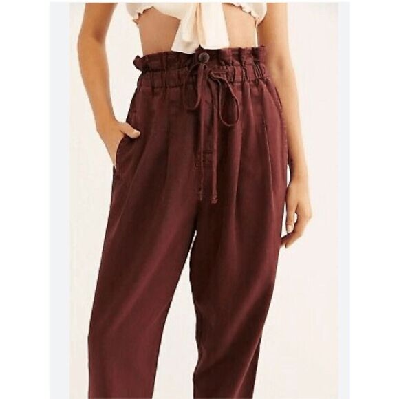 Free People Womens XS Margate Paperbag Pants Dark Red High Waist Cropped Slouchy - Picture 2 of 11